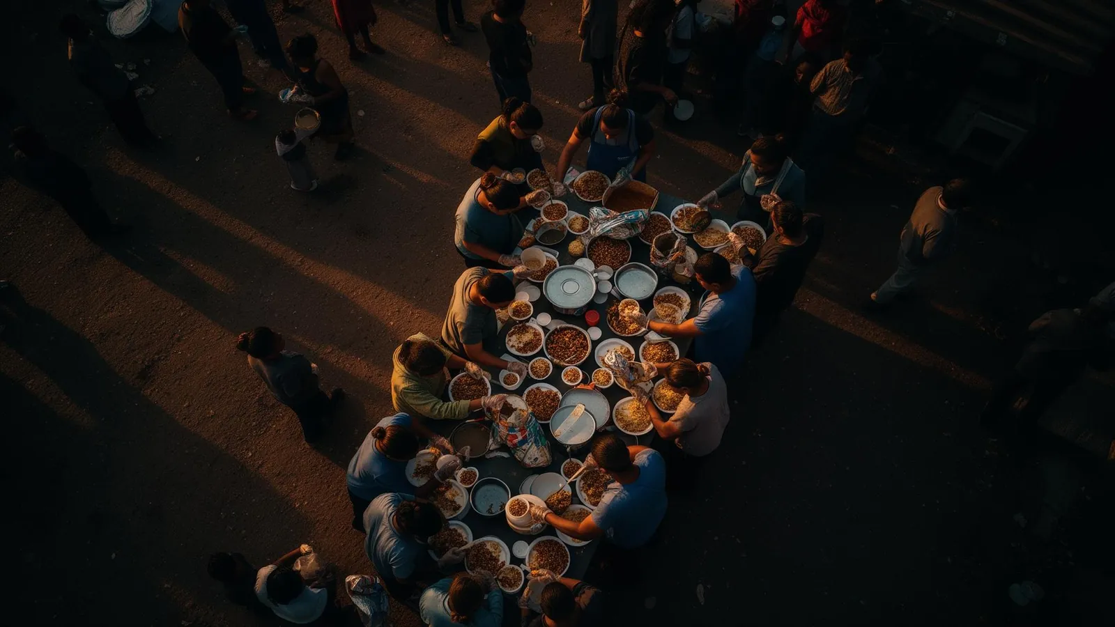 Volunteers serving in warm golden light