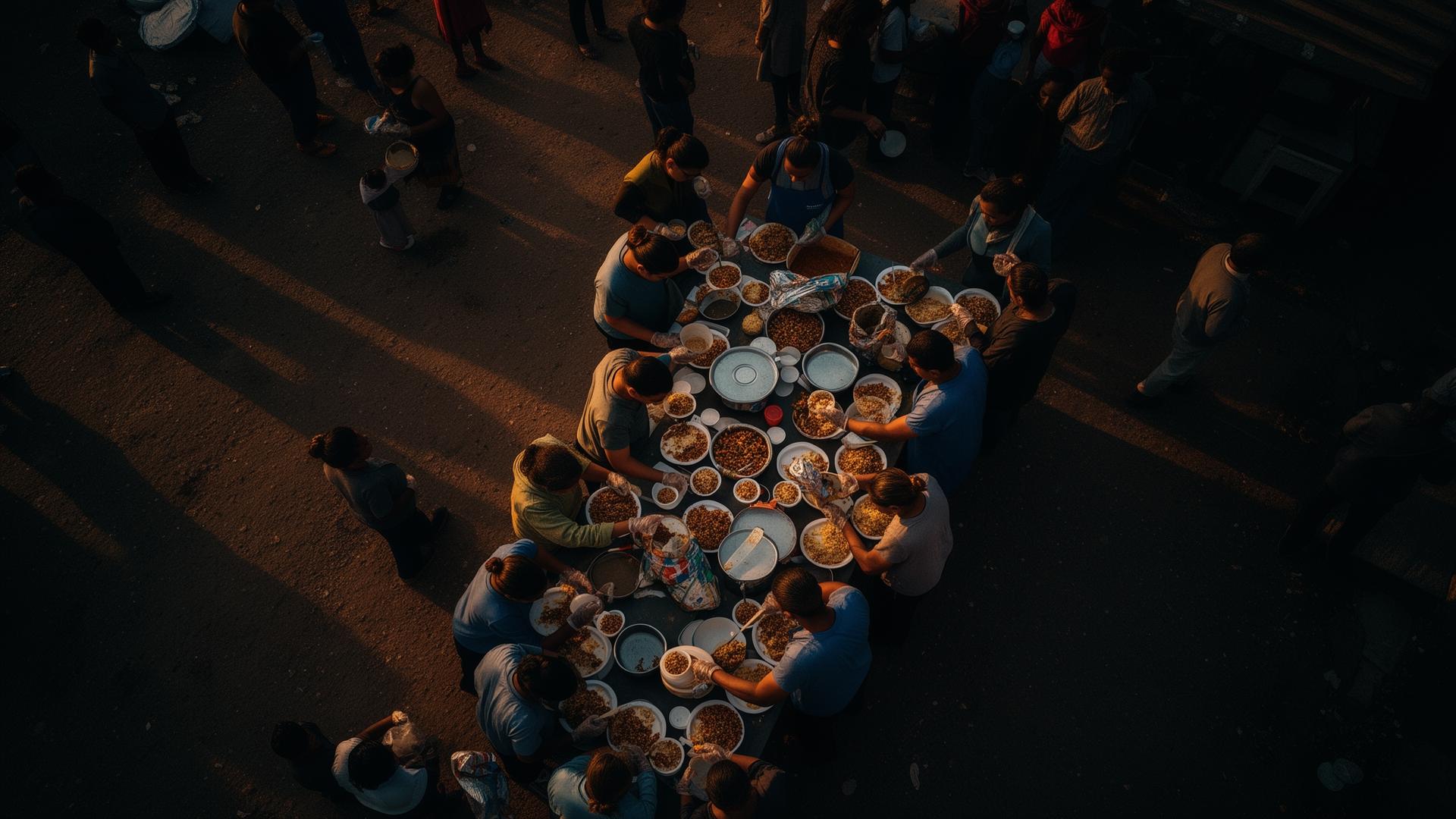 Volunteers serving in warm golden light